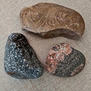 Peut inclure: Trois pierres distinctes : une roche beige allongée avec des motifs de grain tourbillonnants visibles, une pierre noire arrondie avec des inclusions blanches tachetées, et une pierre plus petite avec une surface divisée en gris foncé et brun-rouge.