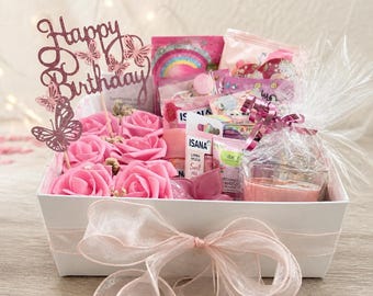 Geburtstags Geschenkbox Rosa with Roses M – Abschluss Geschenk für Frauen – Wellness Geschenkbox mit Rosen – Muttertagsgeschenk