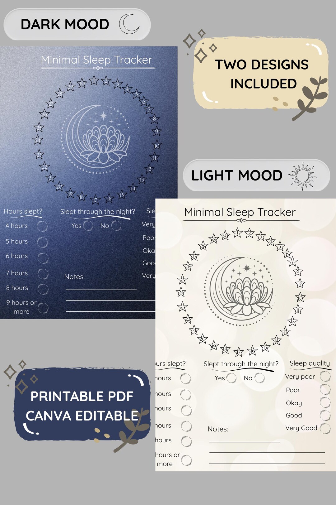 Sleep Tracker | Sleep Tracker PDF & Canva Template | 2 Designs (light ...