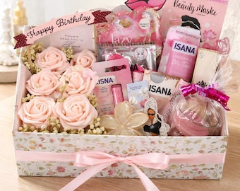 Geburtstags Geschenkbox Rosa with Roses M – Abschluss Geschenk für Frauen – Wellness Geschenkbox mit Rosen – Muttertagsgeschenk