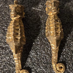 May include: Two identical gold-toned metal seahorse ornaments, each featuring a textured, segmented body, a prominent snout, and a curled tail. Each seahorse has a small loop at the top of its head, designed for hanging or attachment as a decorative element.