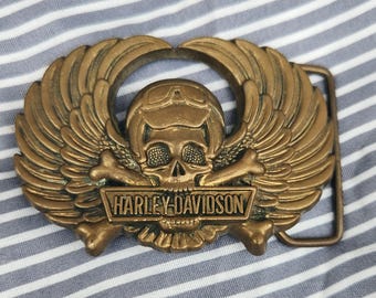Belt Buckle Harley Davidson Winged Aviator Skull Motorcycle Biker Brass Vintage