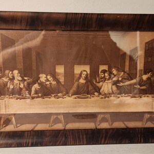 Vintage Last Supper Religious Picture in dark  wood frame