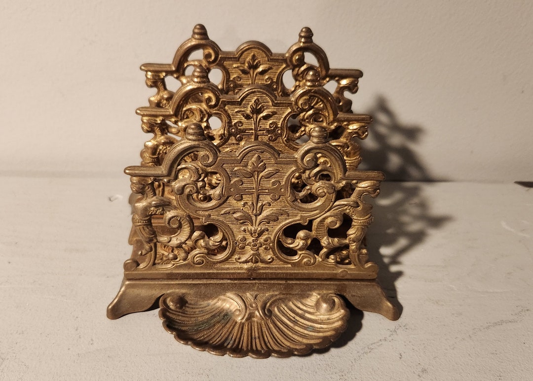 Brass Letter Holder Organizer Shell Tray Art Nouveau Ornate Made in