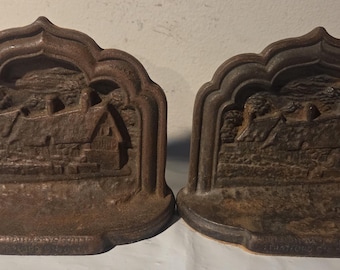 Pair of Cast Iron Copper Finish Stratford On Avon Bookends