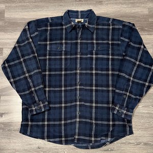 LL Bean Chamois Button Up Shirt Mens Vintage Blue Plaid Size Large