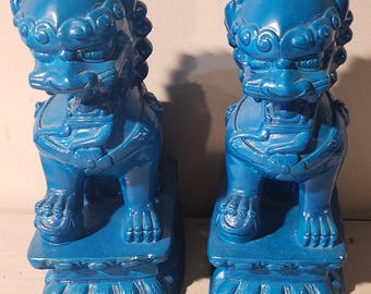 Vintage Heavy Light Turquoise Blue Foo Lion Dogs Set of Two 2 Guardian 8” Midcentury Marked 1962 SMC Shi Shi Temple China Pottery Ceramic