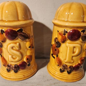 May include: Two ceramic salt and pepper shakers with a brown glaze and a design of fruit and leaves. The shakers have the letters "S" and "P" on the front.