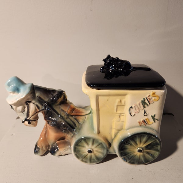 1950s American Bisque Ceramic Cookie Jar Horse Buggy