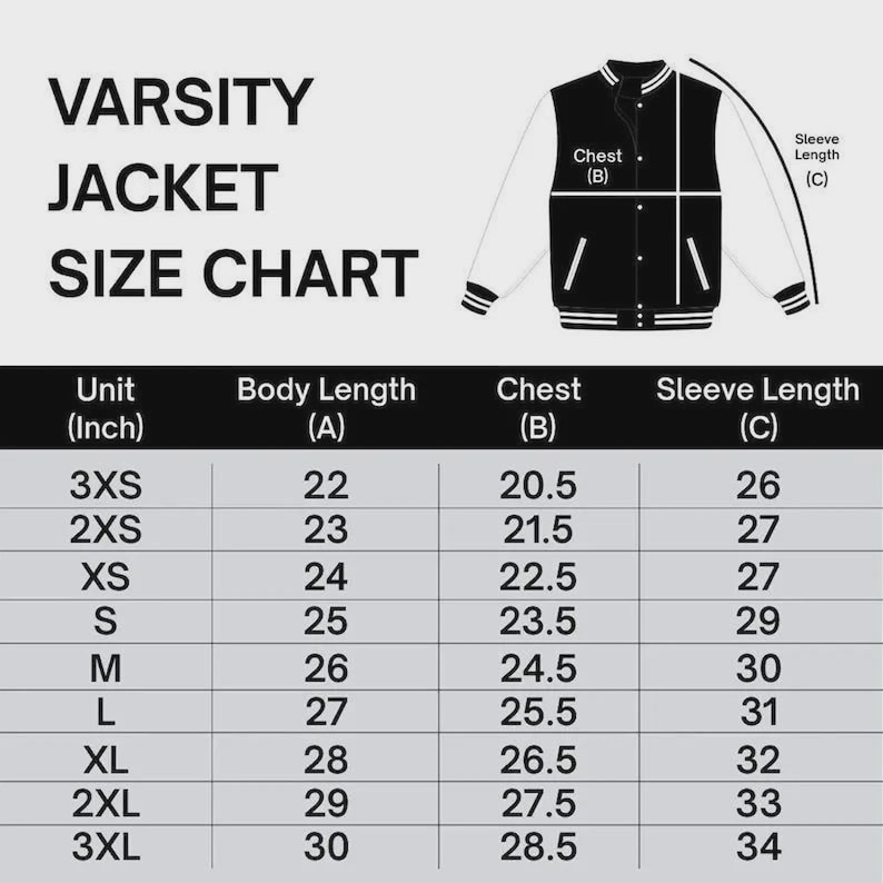 May include: A varsity jacket size chart with text and a diagram. The table lists sizes from 3XS to 3XL with measurements in inches for body length, chest, and sleeve length. The diagram shows a jacket outline with labels A, B, and C for reference.