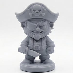 Puede incluir: Figura de pirata gris con sombrero de tres picos con calavera y huesos cruzados. La figura tiene un parche en el ojo, barba y un cuchillo. El pirata está de pie sobre una base redonda. El diseño es de dibujos animados.