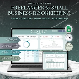 May include: A laptop and tablet displaying a bookkeeping dashboard with financial data. The screen shows monthly income, expenses, and profit trends. Text includes "Freelancer & Small Business Bookkeeping" and "Smart Dashboard". A green Google Sheets icon is visible.