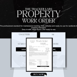 May include: A digital template for a property work order, featuring a clean, minimalist design. The document is displayed in US Letter and A4 formats, with the text "PROPERTY WORK ORDER" prominently displayed. The design is in black and white.