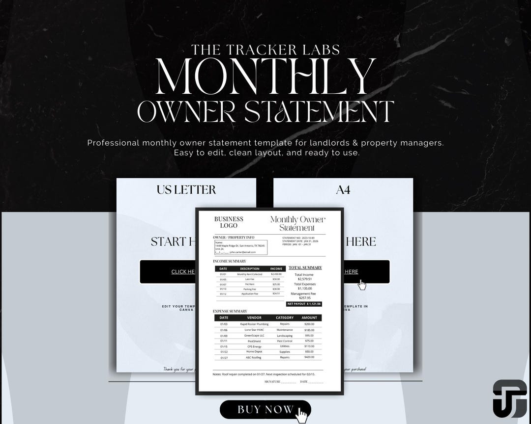 Monthly Owner Statement Template for Landlords | Canva Editable | A4 ...