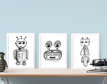 Printable Robot Art Print - 3 set of Black and White digital sketches 8x10 inch