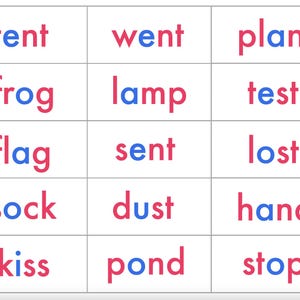 May include: A white grid with twelve words in red and blue. The words include "tent", "went", "plan", "frog", "lamp", "test", "flag", "sent", "lost", "sock", "dust", "hand", "kiss", "pond", and "stop".