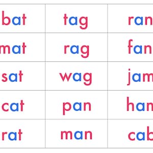 Peut inclure: Une carte mémoire blanche avec une grille de mots en rouge et bleu. Les mots incluent "bat", "tag", "ran", "mat", "rag", "fan", "sat", "wag", "jam", "cat", "pan", "ham", "rat", "man" et "cab".