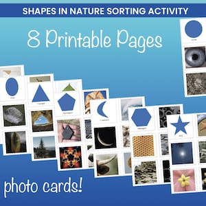Könnte beinhalten: Lehrreiche, druckbare Aktivität mit Formen in der Natur. Das Bild zeigt 8 bedruckbare Seiten und 40 Fotokarten. Die Karten zeigen Formen wie Quadrate, Kreise und Dreiecke mit entsprechenden Bildern von natürlichen Objekten.