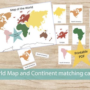 May include: A colorful world map and continent matching cards. The map is divided into continents with different colors. Individual cards show continent outlines. Text includes "Map of the World" and "Printable PDF".