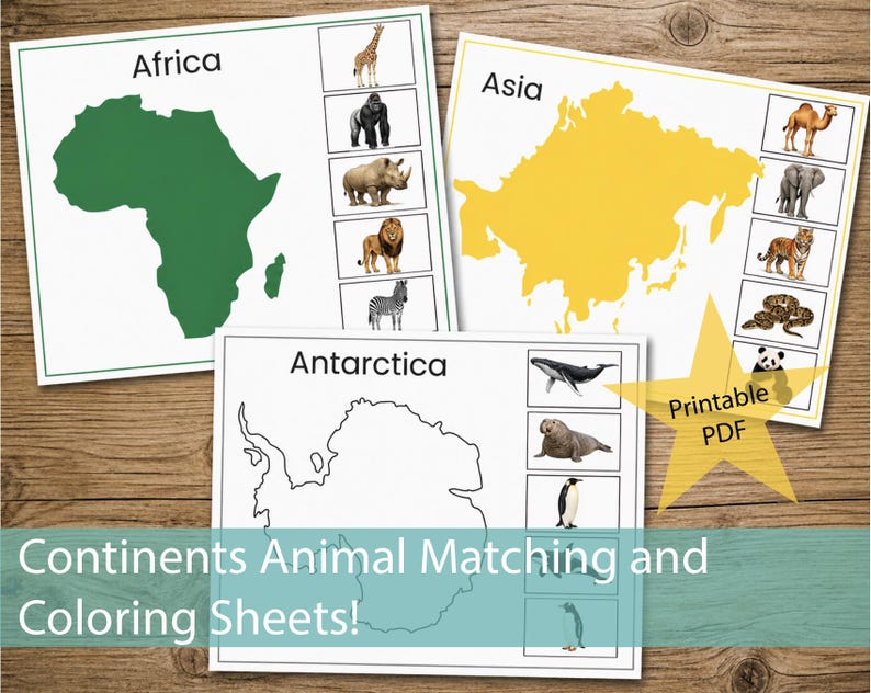Montessori Animal Continents Matching and Coloring Sheets - Etsy