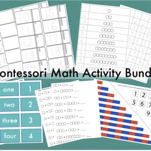 Puede incluir: Un paquete de actividades de matemáticas Montessori con varias hojas de trabajo educativas. Incluye el trazado de números, ejercicios de conteo y tarjetas de reconocimiento de números. Las hojas de trabajo son en blanco y negro con acentos azules y rojos.