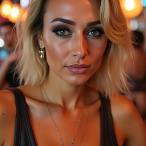 Könnte beinhalten: Eine Frau mit blonden Haaren und grünen Augen steht im Mittelpunkt dieses Bildes. Sie trägt ein schwarzes Oberteil und eine zarte Halskette. Der Hintergrund ist verschwommen, mit warmer Beleuchtung.