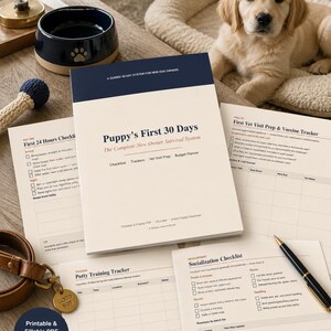 Peut inclure: Un système guidé Puppy's First 30 Days pour les nouveaux propriétaires de chiens, comprenant une collection de listes de contrôle, de suivis et de planificateurs imprimés, incluant un suivi de propreté et une liste de socialisation.