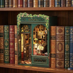 Könnte beinhalten: Miniatur-Diorama der Owl Bookstore mit offener Tür, die einen detaillierten Innenraum zeigt. Die grüne Fassade ist mit floralen Akzenten und dem Text "OWL BOOKSTORE" verziert. Das Diorama ist von einer Sammlung antiker Bücher auf einem Holzregal umgeben.