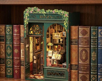 DIY Book Nook Kit for Beginners, Owl Bookstore 3D Wooden Puzzle, Miniature Bookshelf with LED Lights, Magic Library Diorama, Book Lover Gift