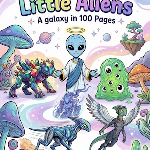 Puede incluir: Ilustración colorida de una portada de libro titulada "Strange Little Aliens". La imagen presenta varias criaturas alienígenas, planetas y hongos. También se incluye el texto "A galaxy in 100 Pages". La firma del artista "MadeByOna" está en la parte inferior.