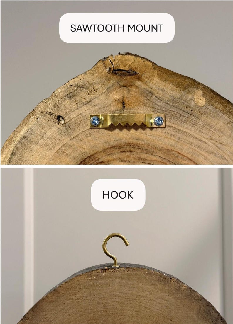 K&ouml;nnte beinhalten: Nahaufnahme eines Holzst&uuml;cks mit S&auml;gezahnbefestigung und Haken zum Aufh&auml;ngen. Das Holz hat eine nat&uuml;rliche Maserung und Textur. Die S&auml;gezahnbefestigung ist aus goldfarbenem Metall und mit blauen Schrauben befestigt.