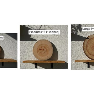 K&ouml;nnte beinhalten: Drei Holzregale mit Baumscheiben-Akzenten. Die Gr&ouml;&szlig;en sind beschriftet: Klein (~20 cm), Mittel (~28 cm) und Gro&szlig; (~33 cm). Jedes Regal ist mit schwarzen Halterungen an der Wand befestigt.