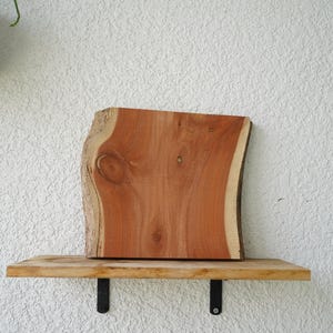 May include: A live edge wooden slab with a natural, irregular shape, showcasing rich reddish-brown tones and a lighter-coloured edge. The slab rests on a wooden shelf with black metal brackets, against a textured white wall. A natural, rustic decor item.
