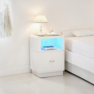 Mid Century Modern Nightstand with Fluted Door, LED Lights, Hidden Storage Compartment