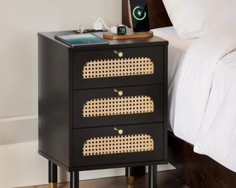Rattan 3 Drawer Bedside Table with Power Outlet and USB Charging