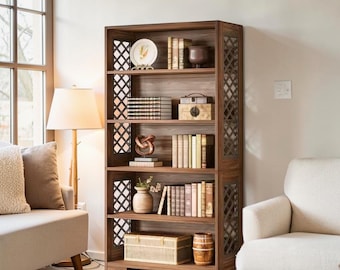 Tall Bookcase with Closed Back 5 Tier Wooden Display Bookshelf Vintage Brown Set