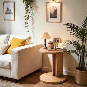 May include: A living room scene featuring a light-colored sofa with yellow and patterned throw pillows. A round wooden side table holds a lamp, clock, and decorative items. Artwork and a potted plant add to the room's decor.