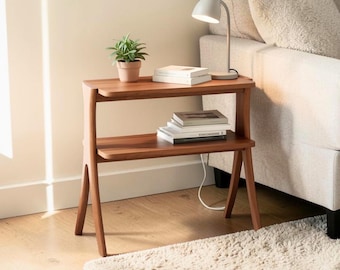 Narrow Farmhouse Side Table with 2 Tier Storage Shelf and Walnut Finish