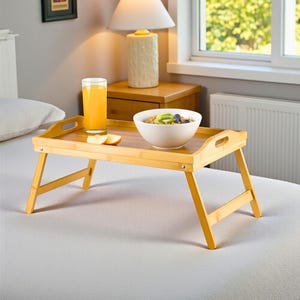Foldable Bamboo Lap Tray, Bed Table with Carry Handle, Stable Legs, Laptop