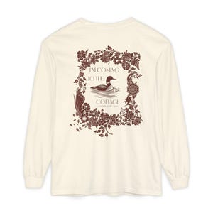 Heated Rivalry Inspired I'm Coming to the Cottage & Wolf Bird Long Sleeve T-Shirt in brown | Cottagecore Floral Loon Design