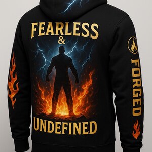 May include: Black hoodie with a striking design featuring a silhouette of a person standing in flames, with lightning and the words "FEARLESS & UNDEFINED" in gold. The sleeve has the word "FORGED" and flames.
