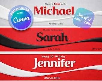 Editable Drink Label Template | Personalized Bottle Label | Canva Printable Drink Wrap | Valentine’s Party Decor | Instant Download | cola