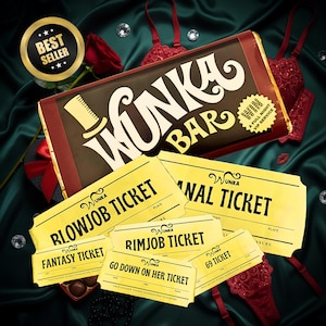 Op de afbeelding: Een Wonka Bar met de tekst "Wonka Bar" en een "Best Seller" sticker. Er zijn ook verschillende gele tickets met de tekst "Blowjob Ticket", "Fantasy Ticket", "Rimjob Ticket", "Go Down On Her Ticket", "69 Ticket" en "Anal Ticket".
