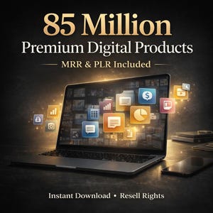 Op de afbeelding: Een laptop met pictogrammen voor digitale producten, met de tekst "85 miljoen Premium Digitale Producten, MRR & PLR inbegrepen". De afbeelding bevat ook de tekst "Direct downloaden • Wederverkooprechten."