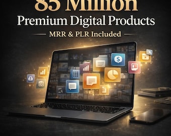 May include: A laptop displaying digital product icons, with the text "85 Million Premium Digital Products, MRR & PLR Included." The image also includes the text "Instant Download • Resell Rights."