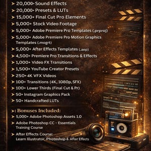 Op de afbeelding: Een advertentie voor een alles-in-&eacute;&eacute;n video-editing assets bundle. De afbeelding toont een lijst met inbegrepen items, zoals geluidseffecten, presets en stock footage. De afbeelding heeft een donkere, professionele uitstraling.