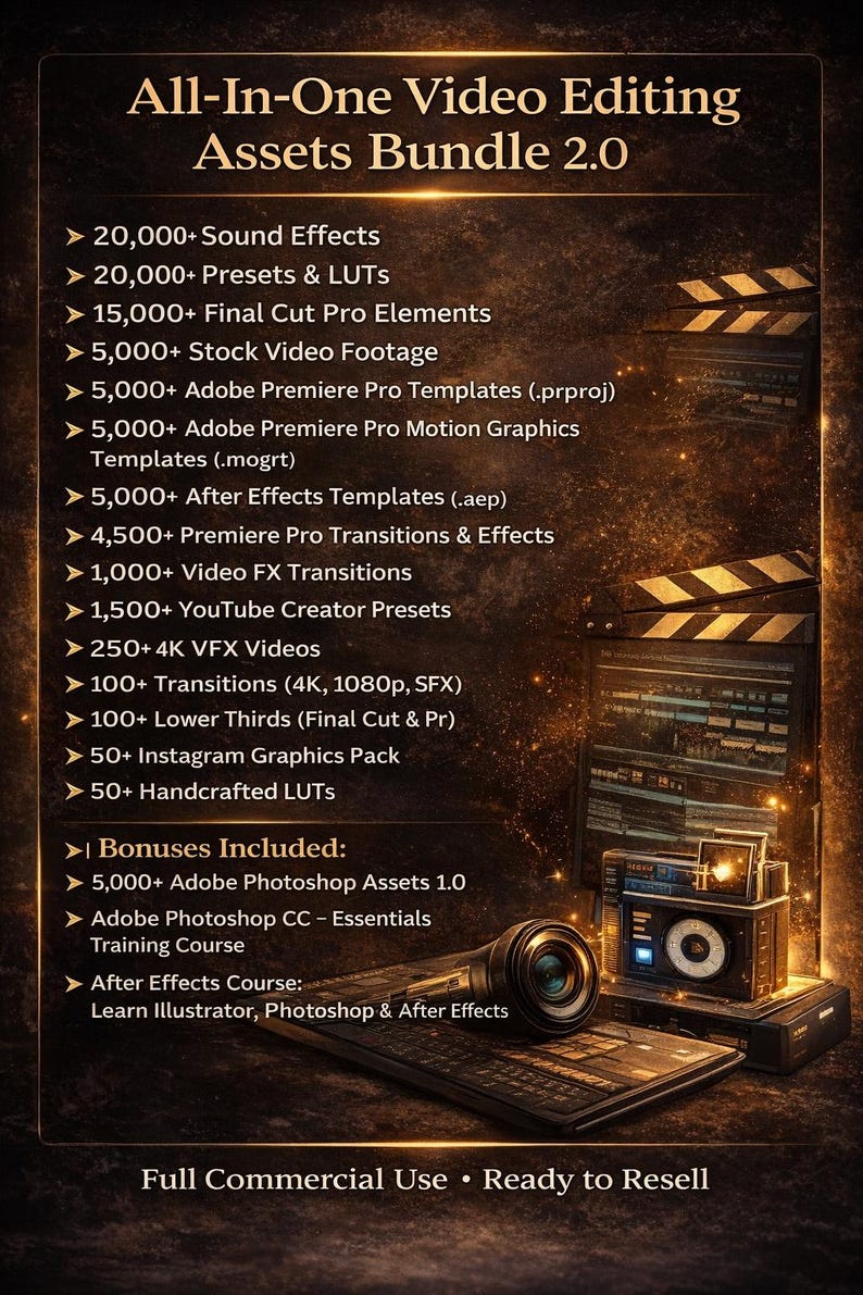 Op de afbeelding: Een advertentie voor een alles-in-&eacute;&eacute;n video-editing assets bundle. De afbeelding toont een lijst met inbegrepen items, zoals geluidseffecten, presets en stock footage. De afbeelding heeft een donkere, professionele uitstraling.