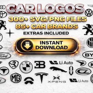 以下が含まれることがあります： フォード、BMW、テスラなど、白黒の車のロゴのコレクション。画像には「CAR LOGOS」、「300+ SVG/PNG FILES」、「85+ CAR BRANDS」というテキストが表示されています。「INSTANT DOWNLOAD」ボタンも表示されています。