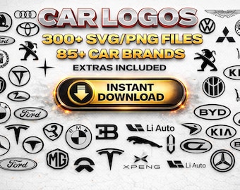 Paquete de logotipos de automóviles SVG 300+ / 85+ Logotipos de marcas de automóviles PNG transparentes / Emblemas de automóviles Archivos vectoriales para Cricut Silhouette Laser CNC / Descarga instantánea