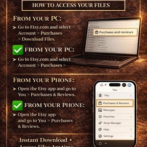 Op de afbeelding: Afbeelding met instructies voor toegang tot bestanden na aankoop op Etsy. Instructies voor pc en telefoon, met screenshots van een laptop en een smartphone. De tekst bevat 'How To Use!' en 'Instant Download. Access Files Anytime'.